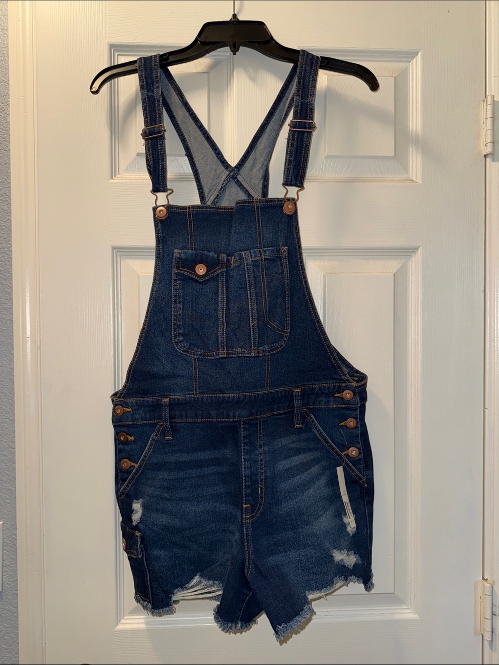 No Boundaries Dark Blue Distressed Denim Short Overalls